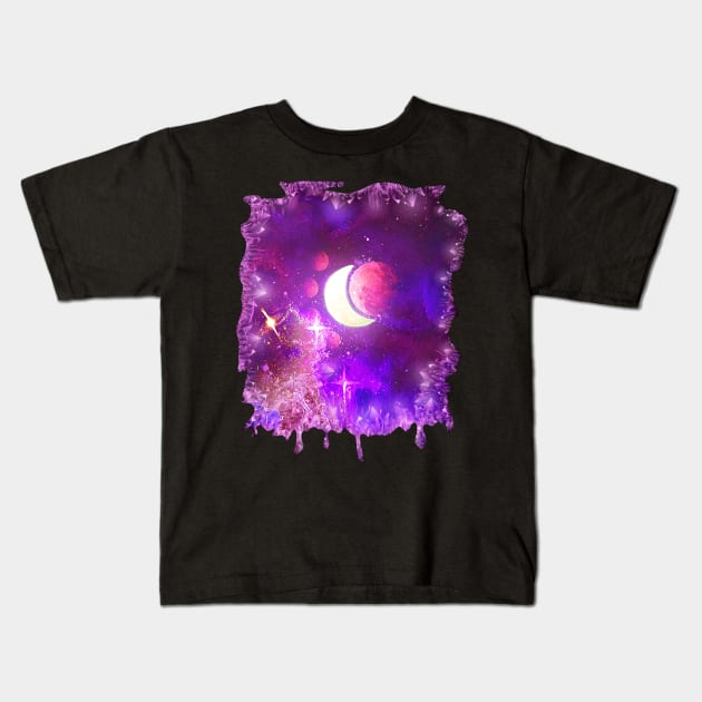 Magenta Witchy Magical Crescent Moon Galaxy Kids T-Shirt by hybridgothica